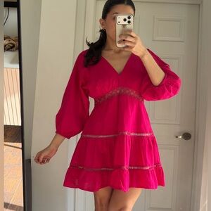 Boho cottage core Hot Pink cotton Dress with cut out Detailing size S Women